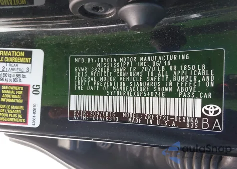 2016 Toyota Corolla Le z USA, uszkodzony, nr VIN 5YFBURHEXGP540246